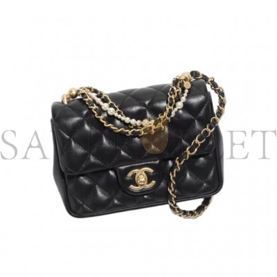 CHANEL MASTER 24P MINI PEARL CHAIN FLAP BAG BLACK AS4385 (17*12.5*5cm)